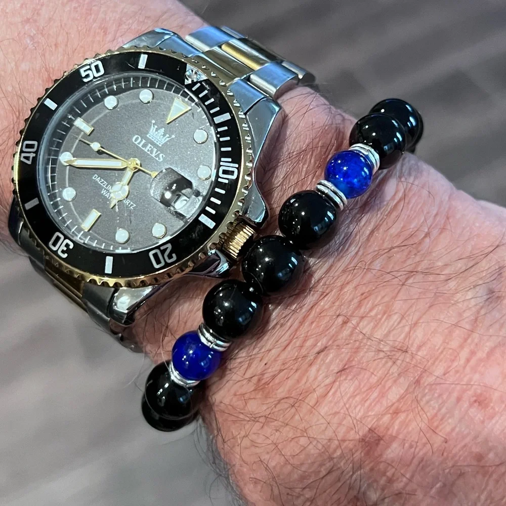 NWOT - Natural Black Onyx with Lapis Lazuli Men’s Stretch Bracelet